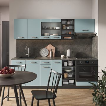 Livinity® Küchenzeile R-Line, Blau-Grau/Anthrazit, 240 cm, AP Anthrazit