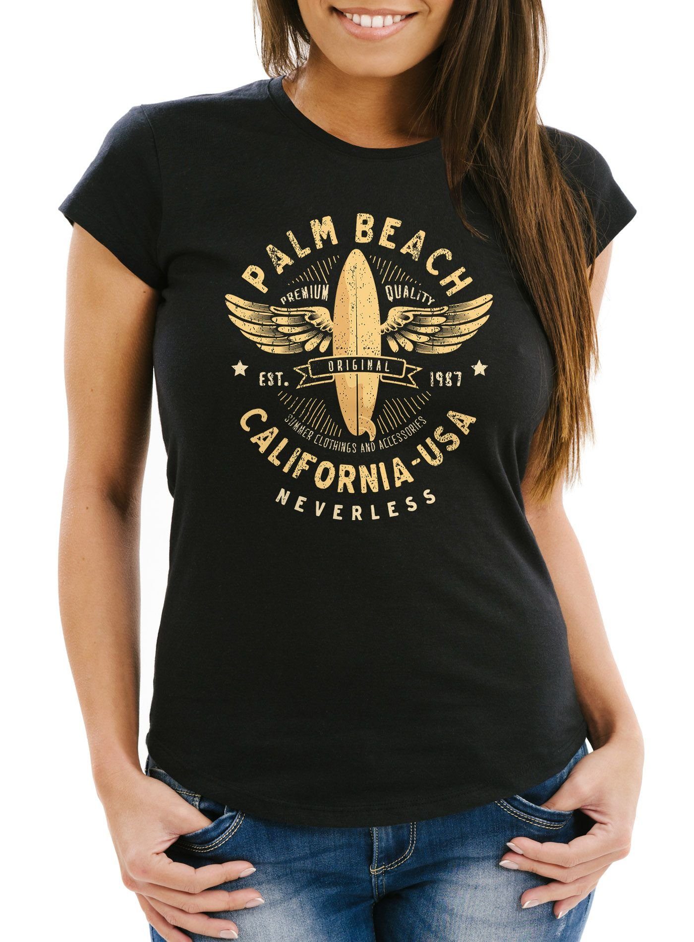 Print-Shirt Damen T-Shirt Surfing Motiv Vintage Effekt Palm Beach California USA Schriftzug Fashion Streetstyle Slim Fit Neverless®