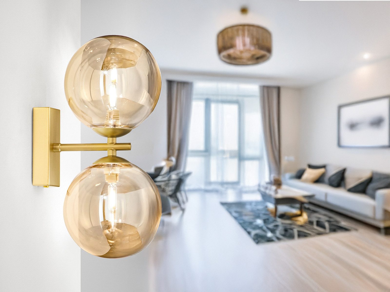 Luce Ambiente Design LED Wandleuchte mit Glas-Kugel Lampenschirmen, Höhe 34cm, Dimmfunktion, LED wechselbar, Warmweiß, ausgefallene Wand-Lampe 2-flammig mit 3 Stufen-Dimmer G9 Leuchtmitteln