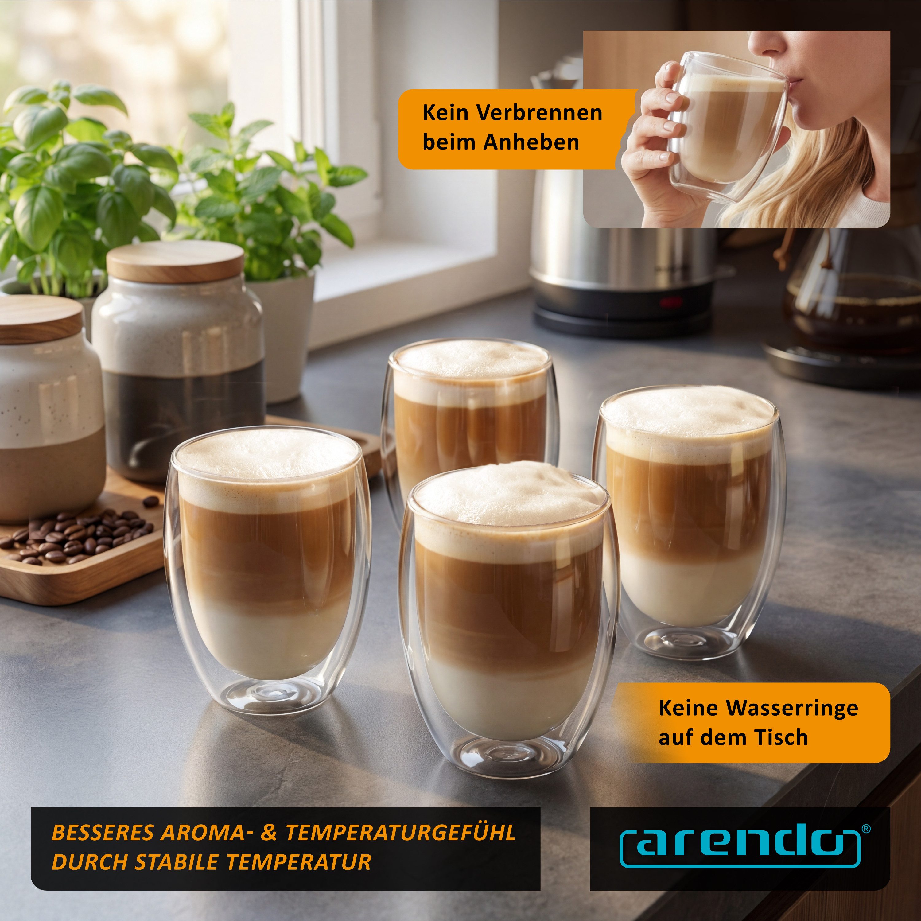 Arendo Gläser-Set doppelwandige Thermogläser, 350 ml Kaffeetasse, Trinkglas ohne Henkel, 6-tlg., Glas, für Latte Macchiato, Cappuccino, Tee, hitzebeständig spül – Bild 4 von 5
