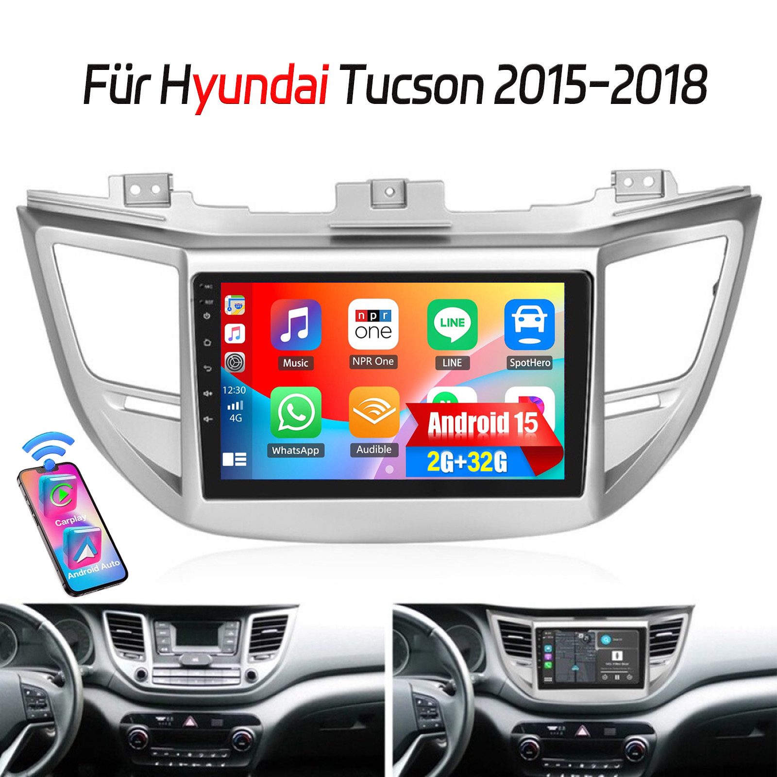 ESSGOO DAB+ Android 15 Autoradio Für Hyundai Tucson 2015-18 Carplay GPS Navi Autoradio (4+64GB(optional), DAB+ (optional), RDS, AM, FM, Carplay Android Auto Bluetooth EQ USB GPS Navi WIFI Touchscreen)