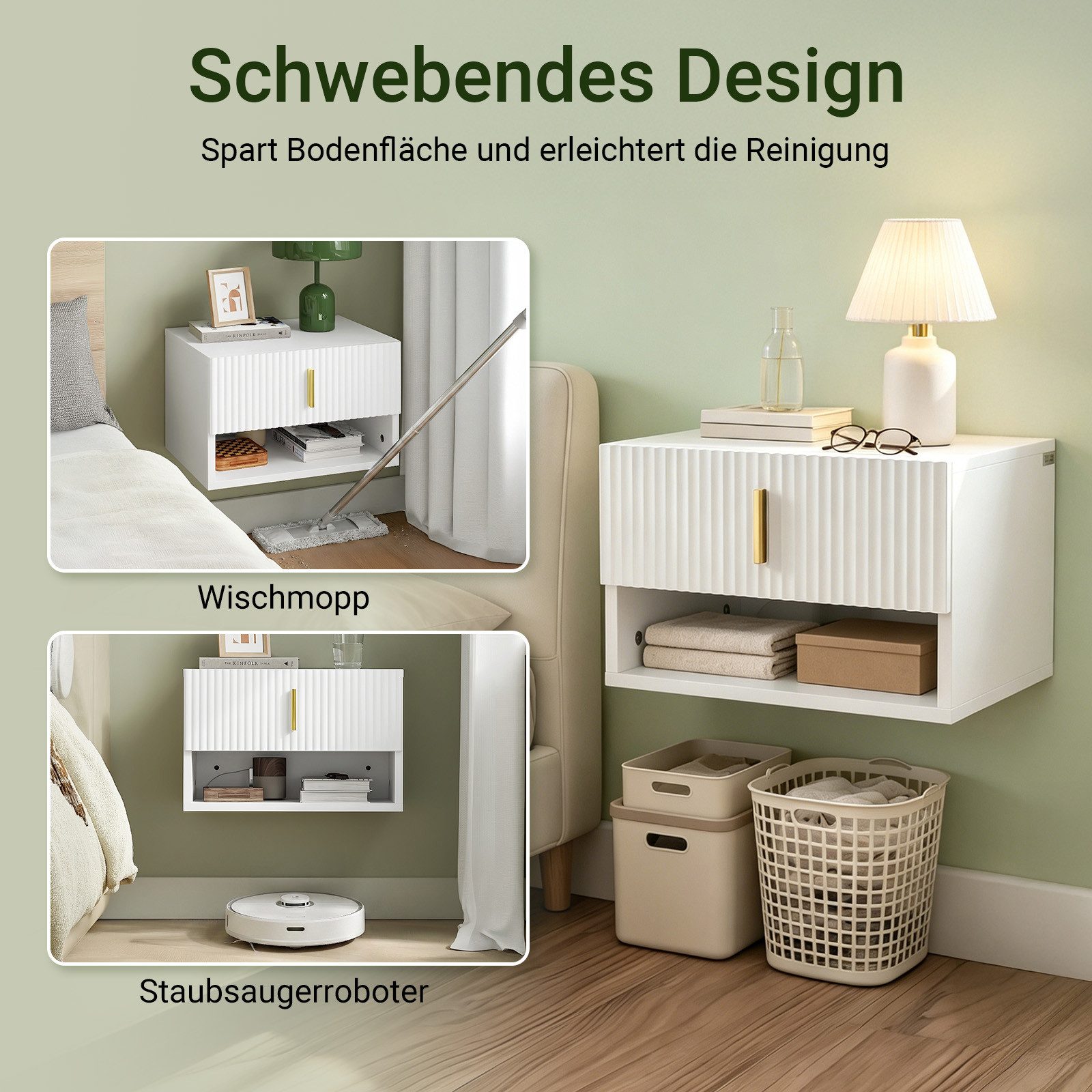 SoBuy Nachttisch FBT176/177, Schwebender Nachttisch mit LED-Sensorleuchte, Wandregal, Nachttisch mit Schublade und Goldgriff, Wandschrank – Bild 3 von 5