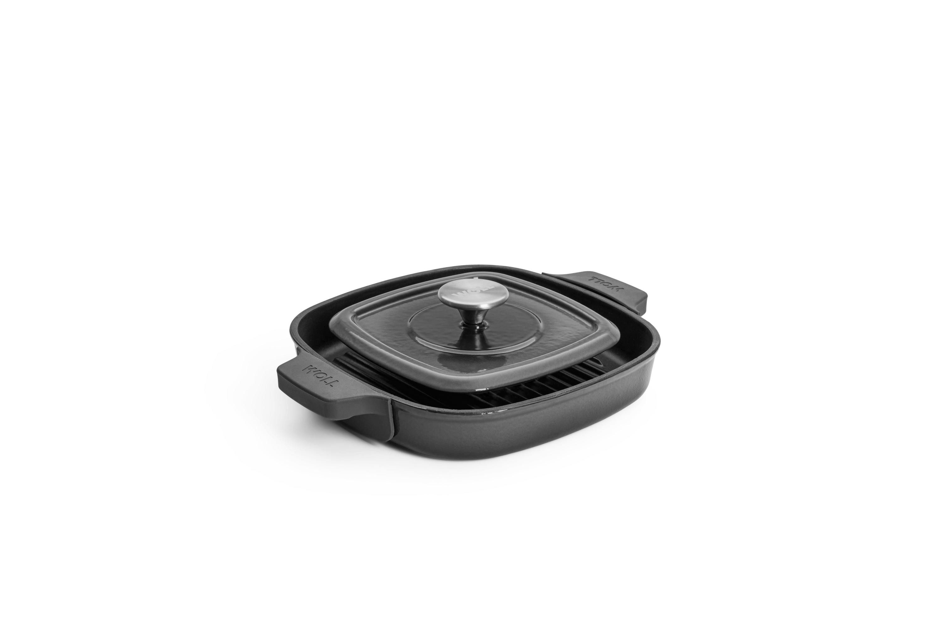 WOLL Steakpfanne Steakpfanne mit Rillen 28 x 28 cm Iron, Gusseisen (Stück, 2-tlg., 1 Steakpfanne mit Steakpresse), perfekte Hitzeverteilung