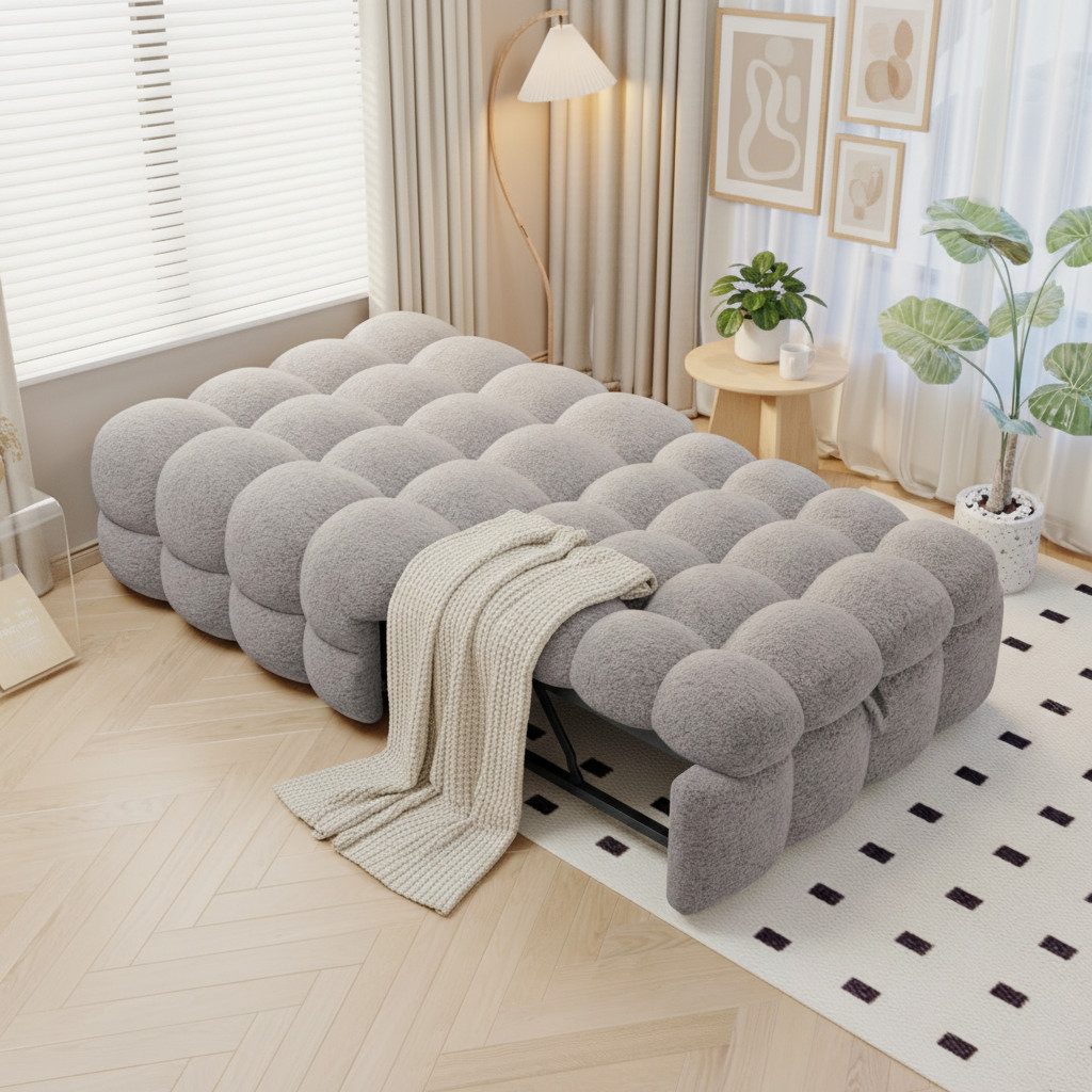 HAUSS SPOLE Schlafsofa 2-in-1-Fußhocker, Ausziehbares Schlafsofa, Teddy-Stoff, Grau