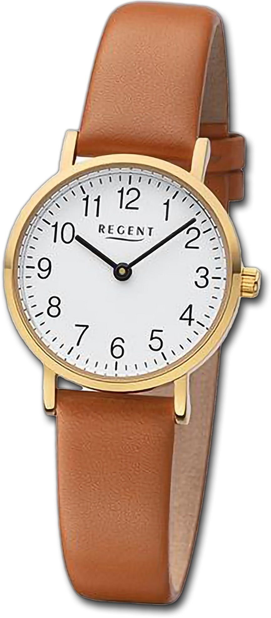 Regent Quarzuhr Regent Damen Armbanduhr Analog, Damenuhr Lederarmband hellbraun, rundes Gehäuse, extra groß (ca. 28mm) | Quarzuhren