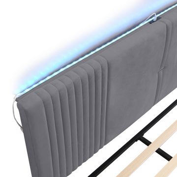 BlingBin Polsterbett Hautfreundliches Doppelbett (140 x 200 cm, ohne Matratze), Lichtleiste und USB-Buchse, Rückenlehne und großer Schublade, Samt