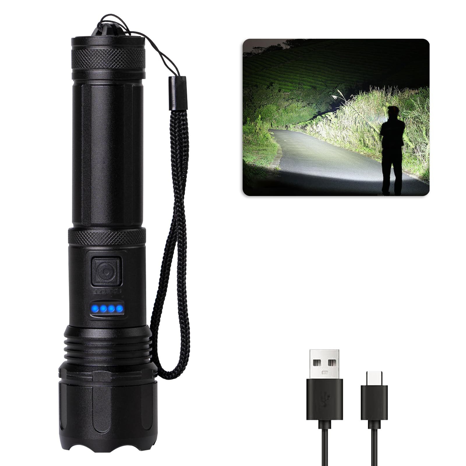 LED Taschenlampe LED USB C Aufladbar, Extrem Helle Zoombares Taktische Taschenlampen