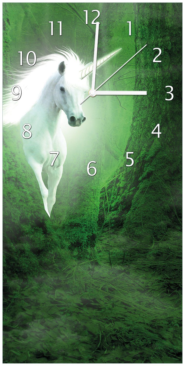 Wallario Wanduhr Weißes Einhorn im grünen Wald (Uhr aus Acryl) | Wanduhren
