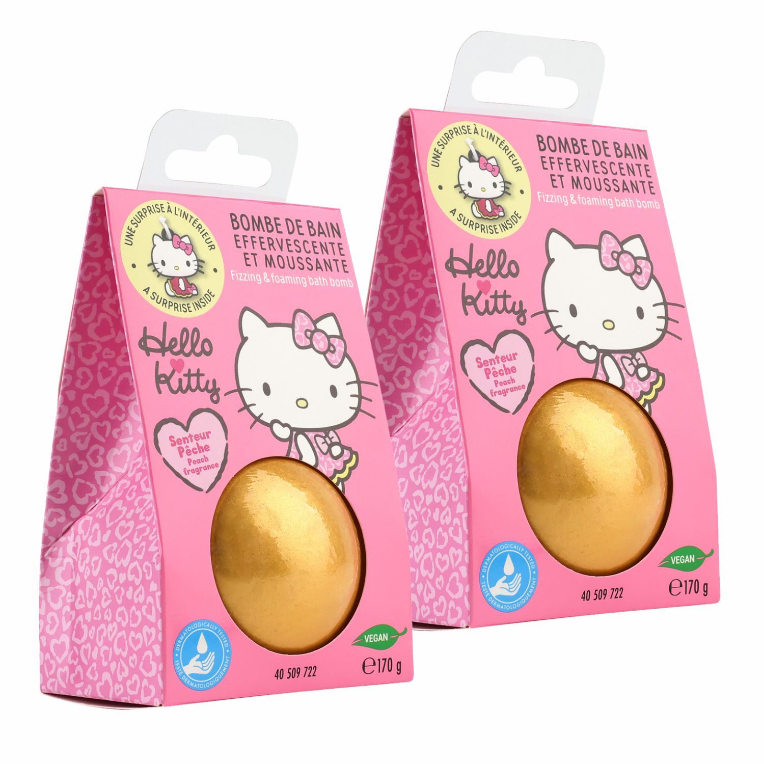 HF Home Flair Badekugel 2x Hello Kitty Badebombe - große Badekugel mit Überraschung, 2-tlg., goldene Badekugel - Pfirsichduft - Vegan - 170g