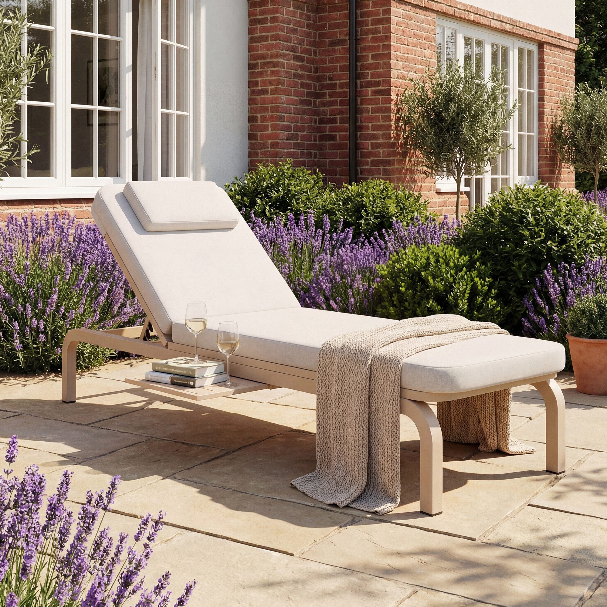 Merax Gartenliege mit 5-fach verstellbarer Rückenlehne & ausziehbarem Beistelltisch, 1 St., Verzinktes Eisen, 1-Sitzer Sonnenliege, Outdoor Liegebett mit Ausziehtisch & Kopfstütze