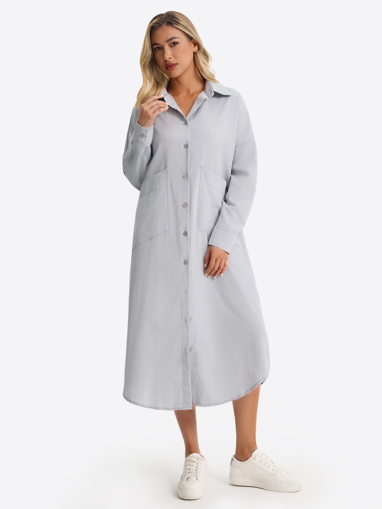 Imily Bela O-Linien-Kleid Damen Langarm Hemdblusenkleid mit Kragen und großen Taschen (Packung, 1-tlg., 1per-Pack) Hemdblusenkleid
