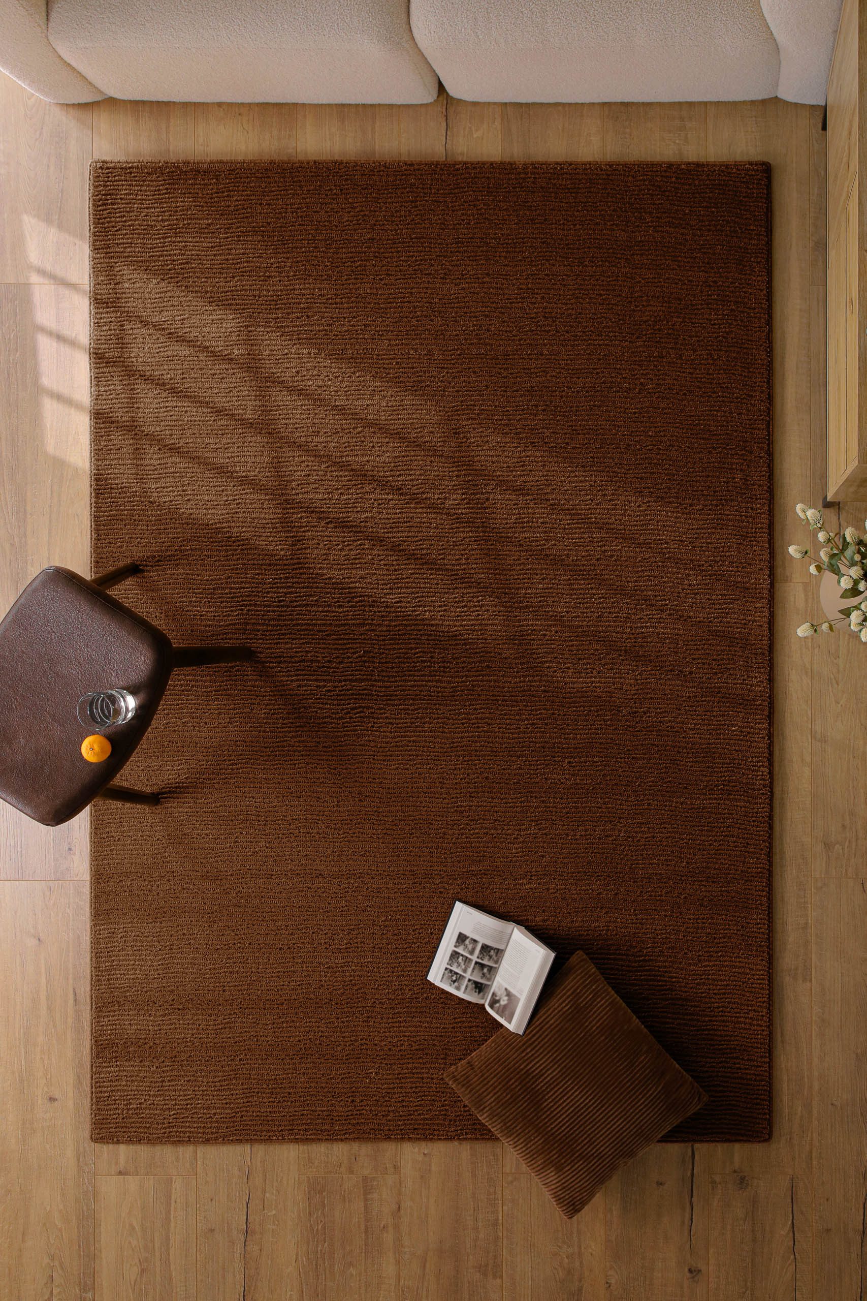 Wecon home Teppich Castello ONE, rechteckig, Höhe: 7 mm, Schurwolle, Kurzflor mit Hoch-Tief-Effekt, Wohnzimmer, Streifenmuster