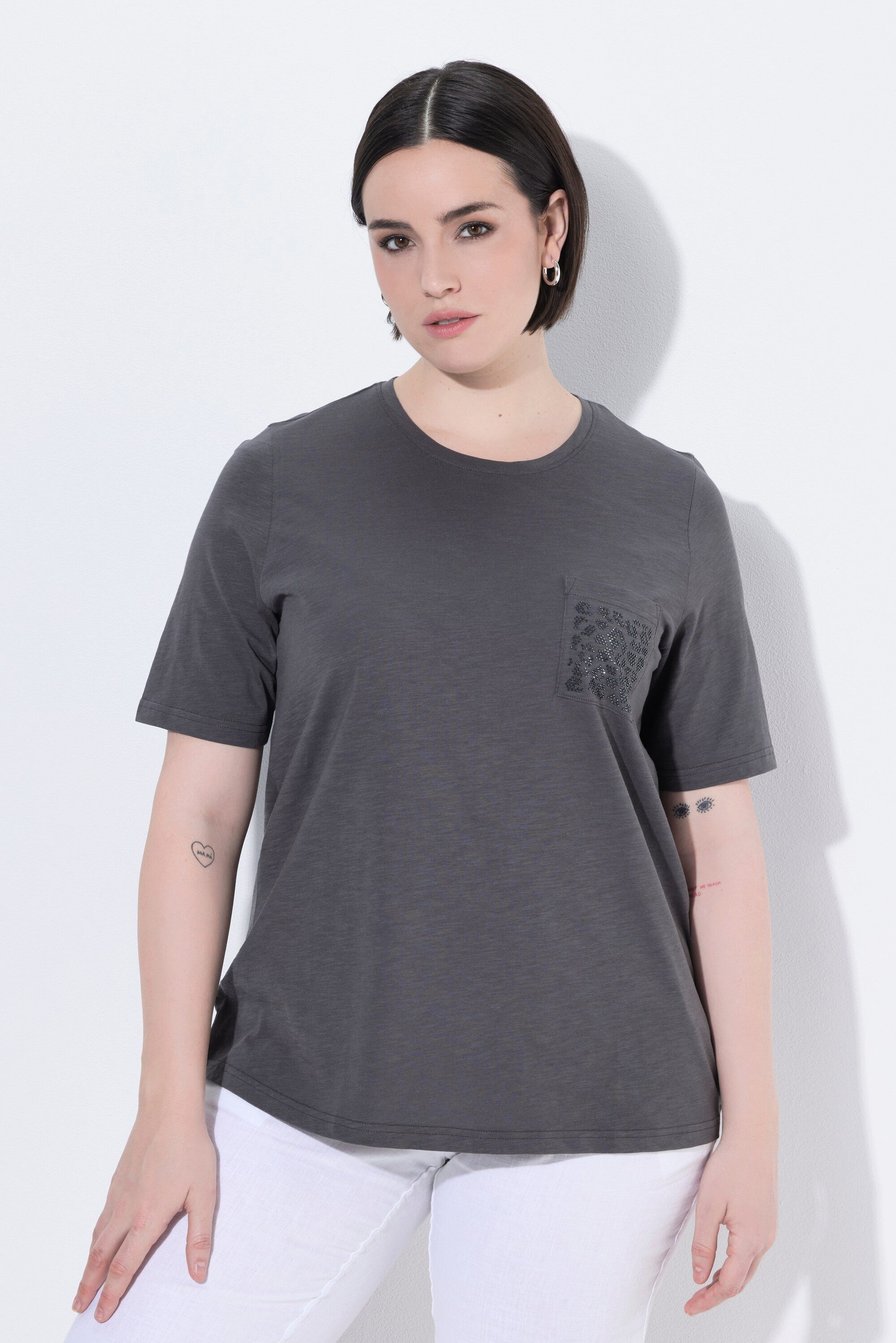 T-Shirt T-Shirt Ziersteine Brusttasche Rundhals Halbarm