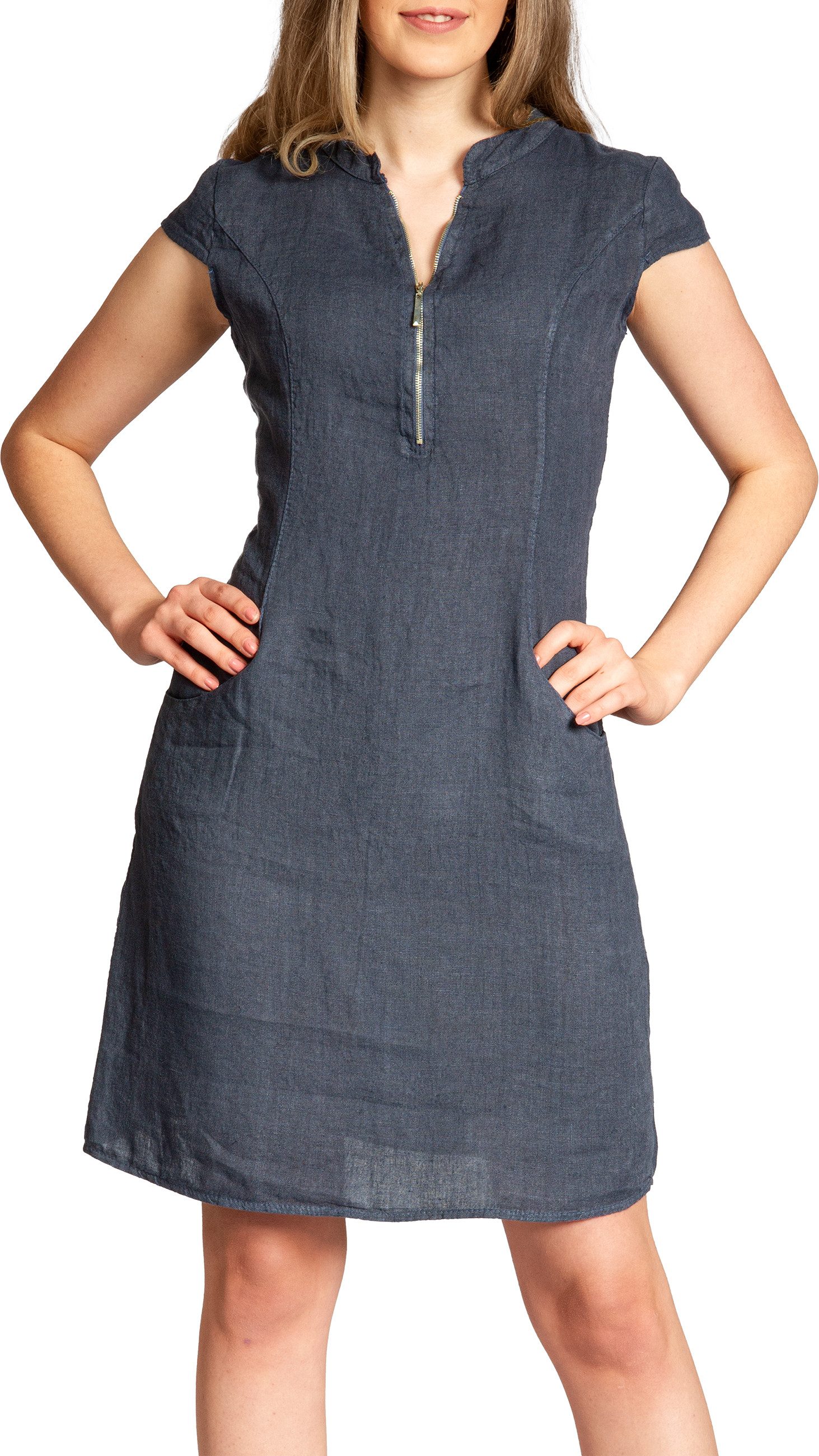Sommerkleid SKL040 knielanges Damen Leinenkleid mit Reißverschluss Ausschnitt