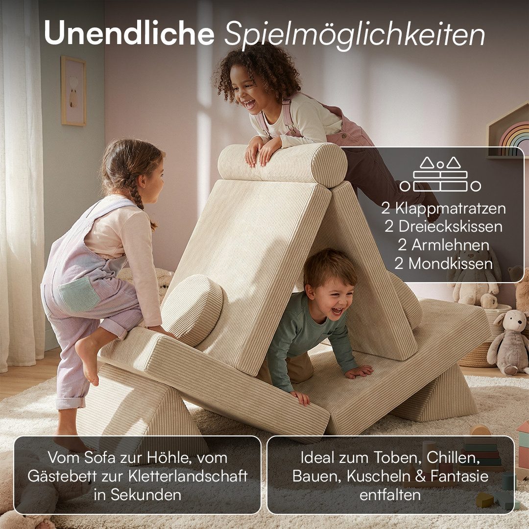 Bellabino Kindersofa Nile aus Schaumstoff Teilen, modulare Kinderspielcouch aus Cord, Beige, mit Armlehnen, Cordbezug abnehmbar & waschbar, 160x52x75cm, Oeko-Te – Bild 3 von 5