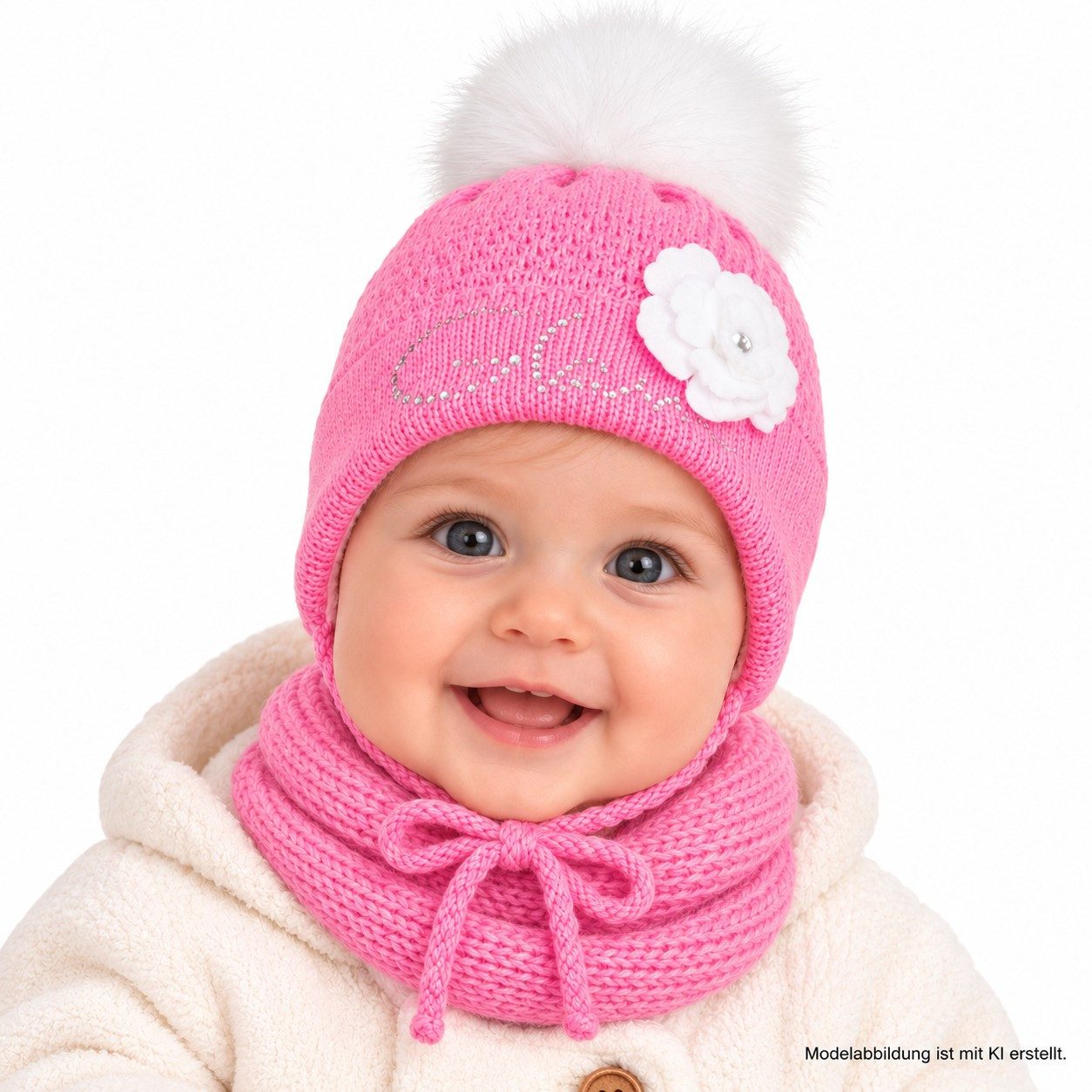 Smarilla Mütze & Schal Strickmütze Strickschal Baby Mädchen Winterset praktische Bindebänder