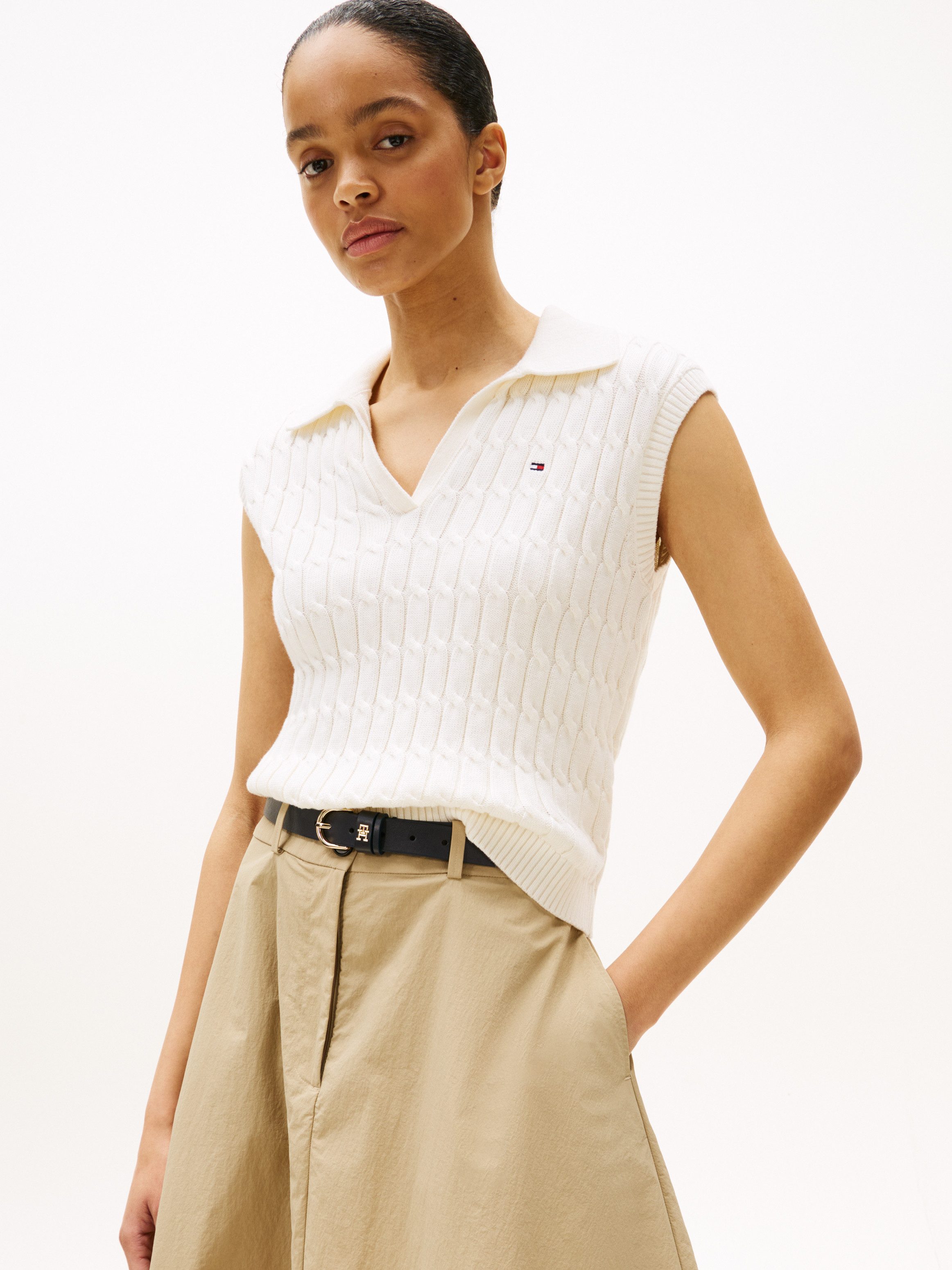 Tommy Hilfiger Pullunder CO CABLE MID GG OPEN POLO VEST mit Zopfmuster günstig online kaufen