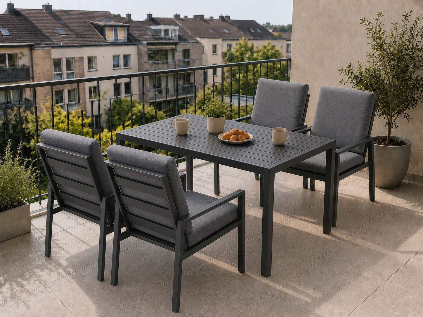 MeXo Gartenlounge-Set Gartenmöbel Set Aluminium Outdoor, (Garten-Essgruppe für 4 Personen, 5-tlg., mit Polywood Tisch & Auflagen), wetterfest für Terrasse & Gar – Bild 4 von 5