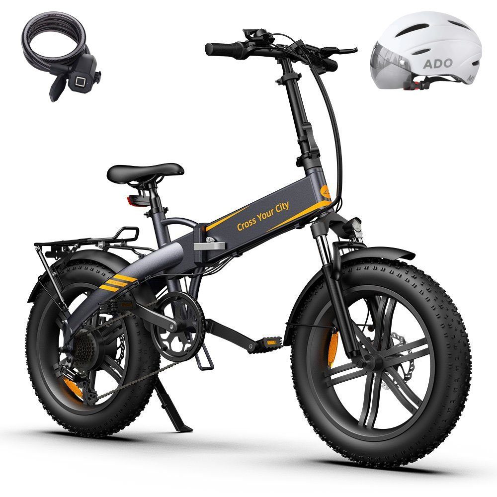 ADO E-Bike Klapprad Pedelec 20X4.0 Reifen, Grau Kugelschaltung, Damen/Herren, 7 +Fingerprint-Schloss/Helm Lampe, Fetter E-Bike Gepäckträger, ebike Gang