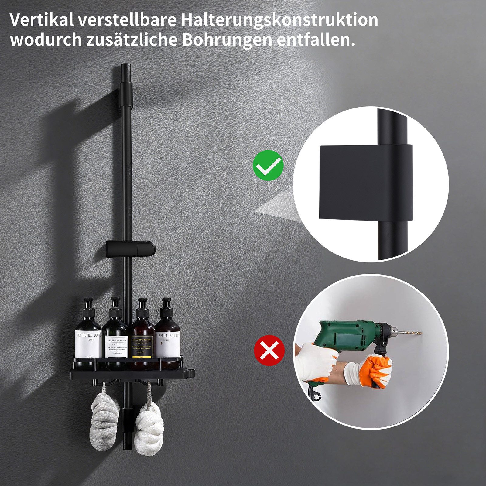 HOMELODY Duschstange ohne Bohren Edelstahl höhenverstellbar mit Ablage,90cm, Frei kombinierbar mit Handbrause oder Badewannenarmatur,Schwarz