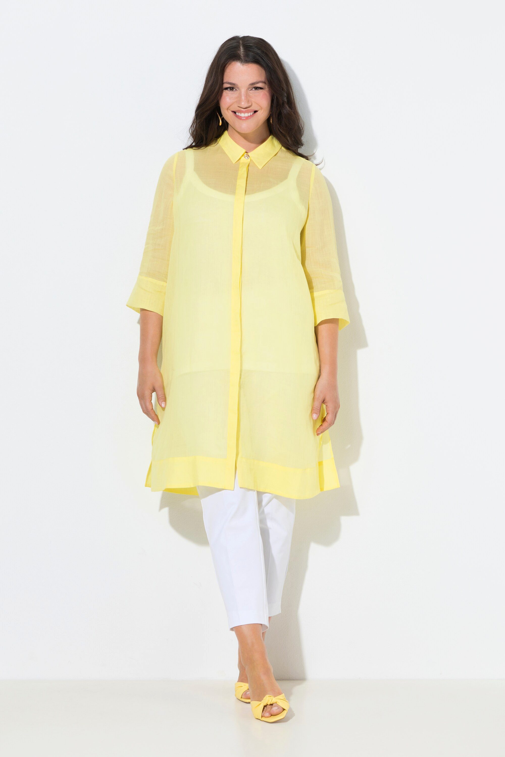 Ulla Popken Longbluse Longbluse Ramie Hemdkragen 3/4-Arm