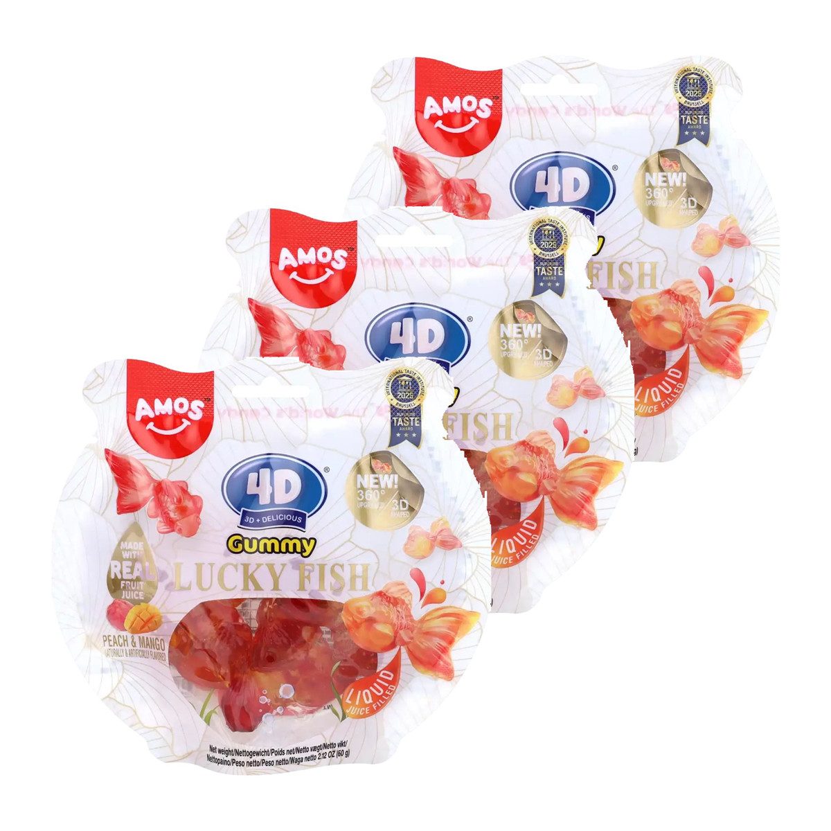 AMOS Süßigkeit, Amos 4D Gummibärchen Glücksfisch Pfirsich Mango 60g 3er Pack