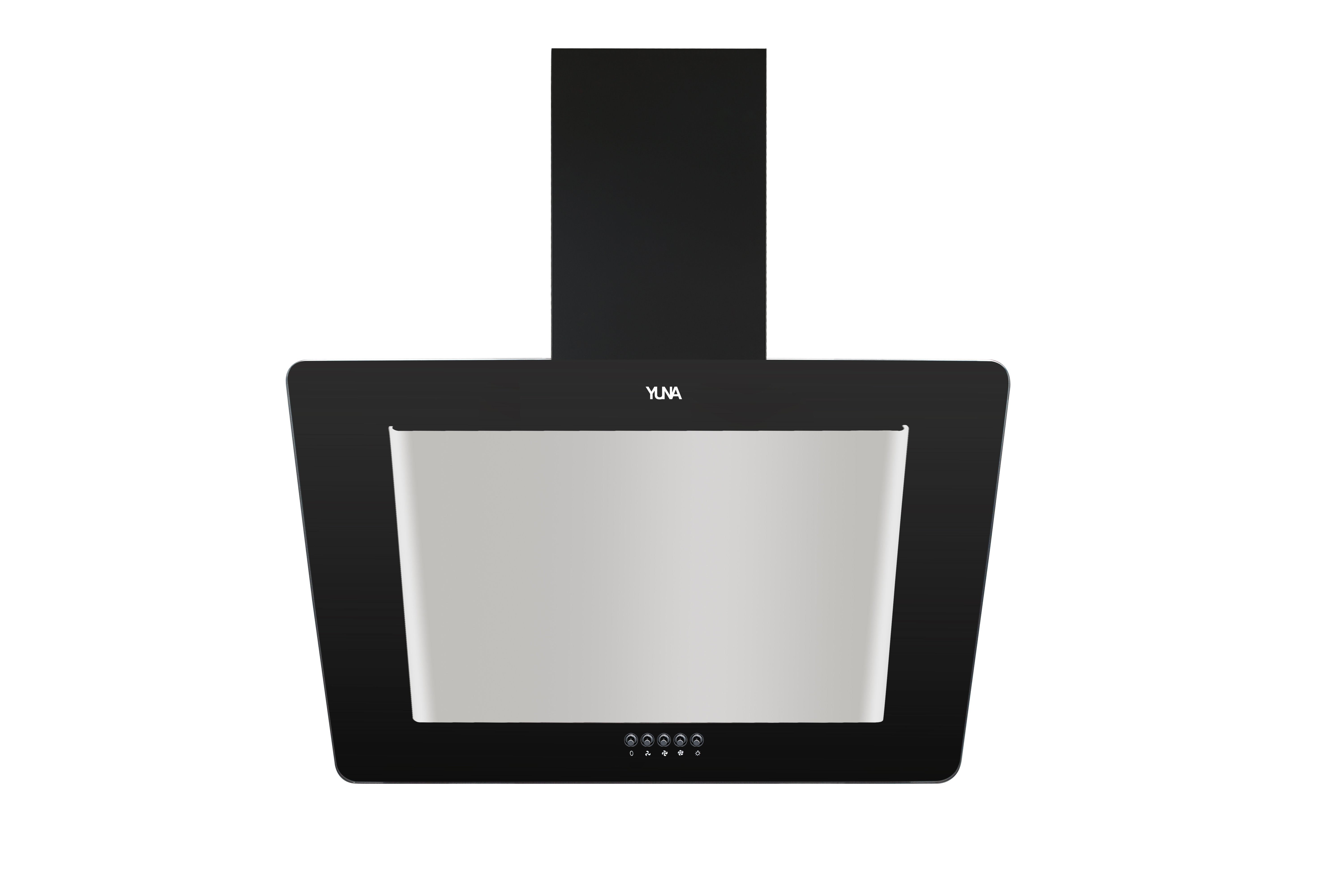 YUNA Kopffreihaube NAVA 60 cm Einbaubreite Schräghaube NAVA 60 cm Einbaubreite Schräghaube, Abluft Umluft 3 Stufen Wandmontage Glas- und Edelstahlfront LED