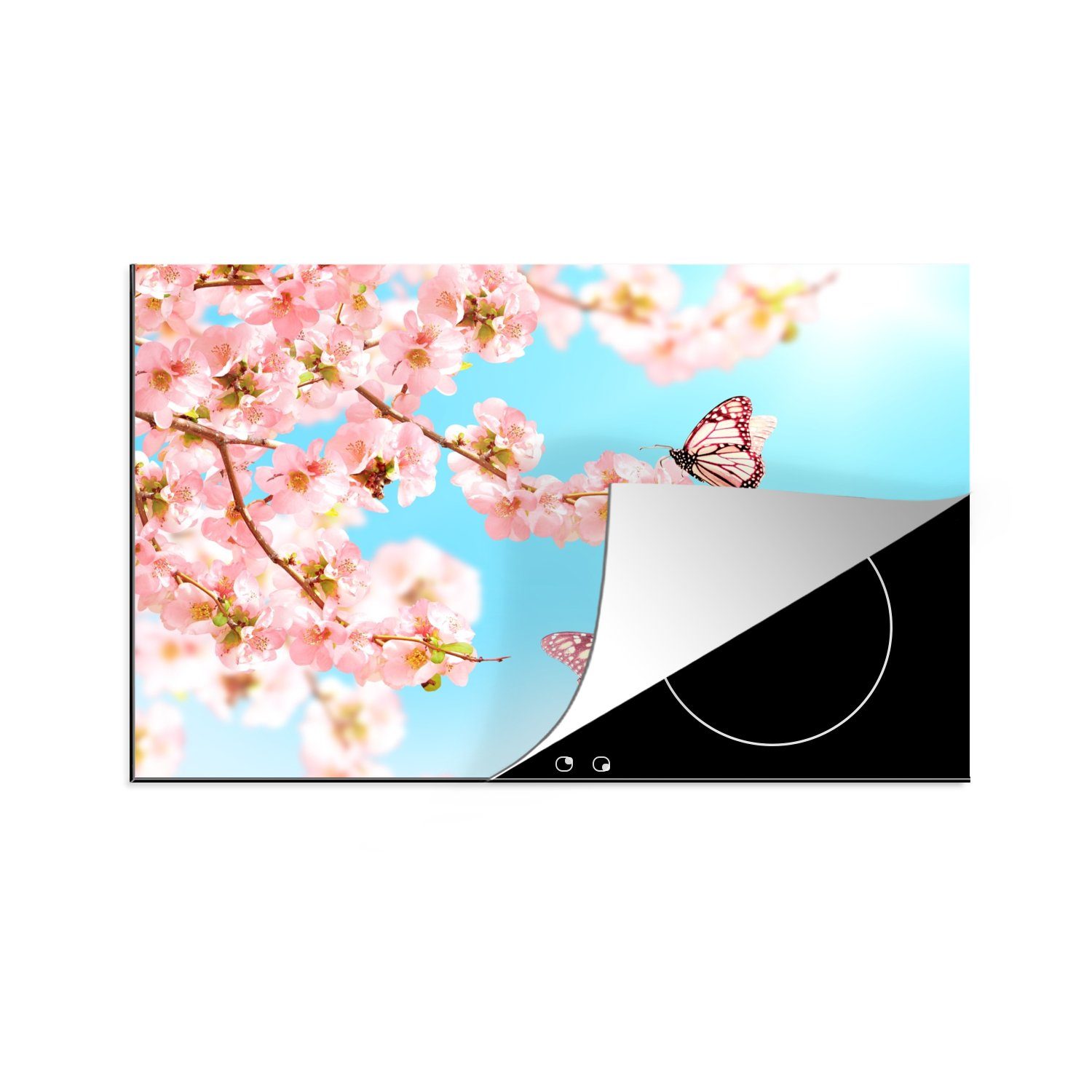 MuchoWow Herdblende-/Abdeckplatte Schmetterlinge - Baum - Blumen, Vinyl, (1 tlg), 81x52 cm, Induktionskochfeld Schutz für die küche, Ceranfeldabdeckung