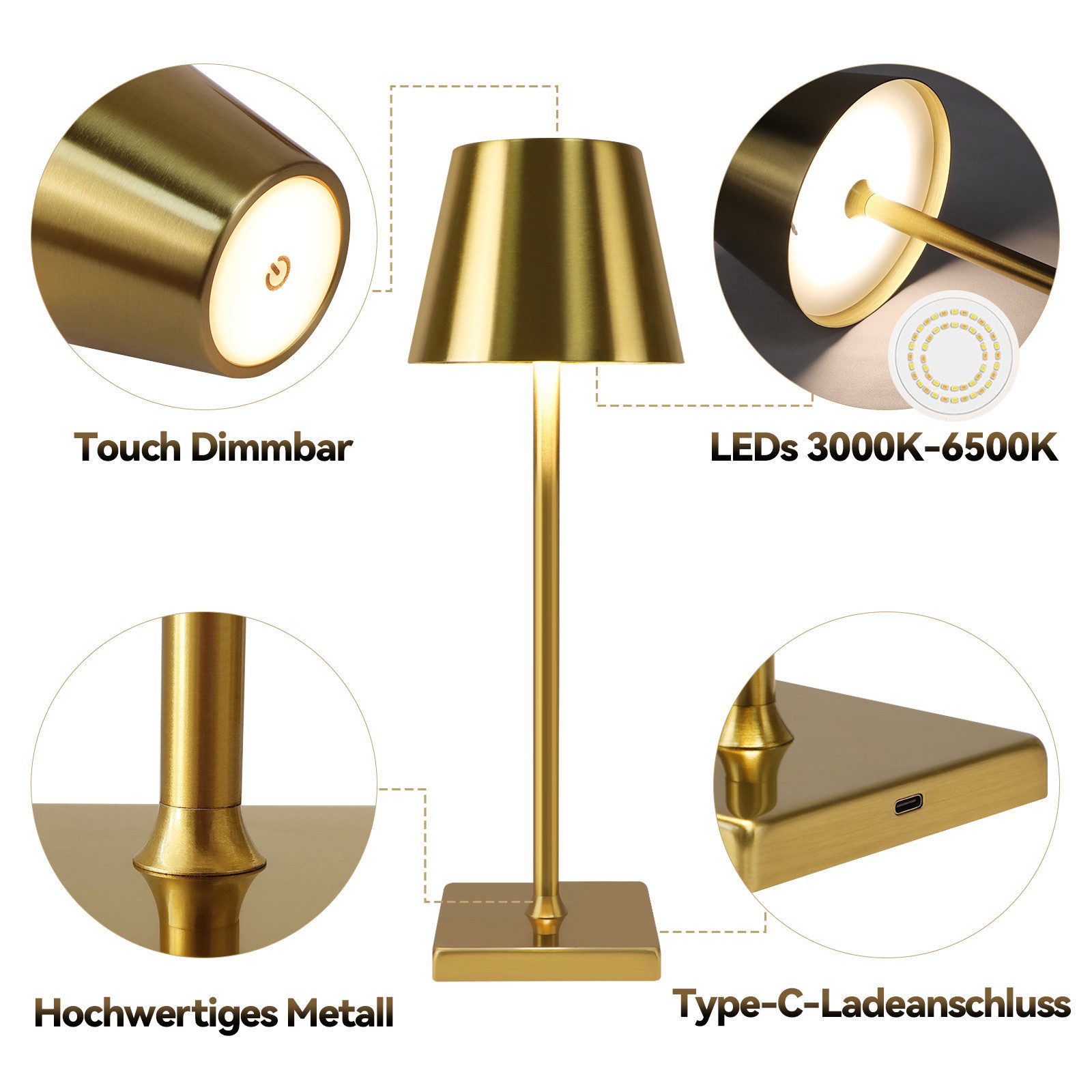 ZMH LED Tischleuchte kabellos Gold, dimmbare Akku-Nachttischlampe mit Touch, 3 Lichtfarben, LED fest integriert, Warmweiß, Neutralweiß, Kaltweiß, USB-C, 5 W, Ti – Bild 4 von 5