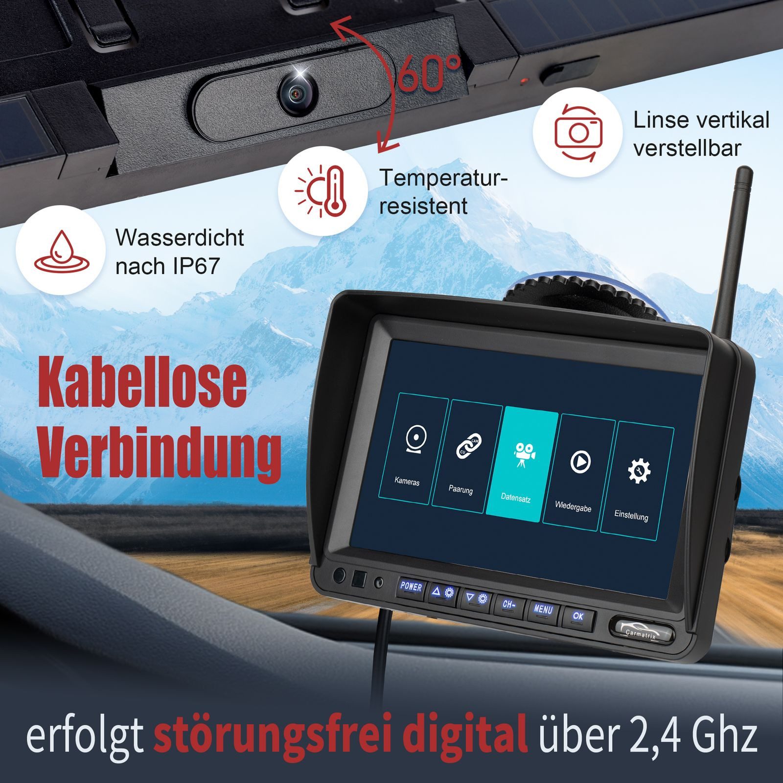 CARMATRIX Premium Solar 5 Rückfahrkamera (Solar Funk Video Rückfahrsystem Auto Wohnmobil Transporter Anhänger, Nummernschild, Kennzeichenhalter, Aufnahmefunktion, 7" HD-IPS Monitor)