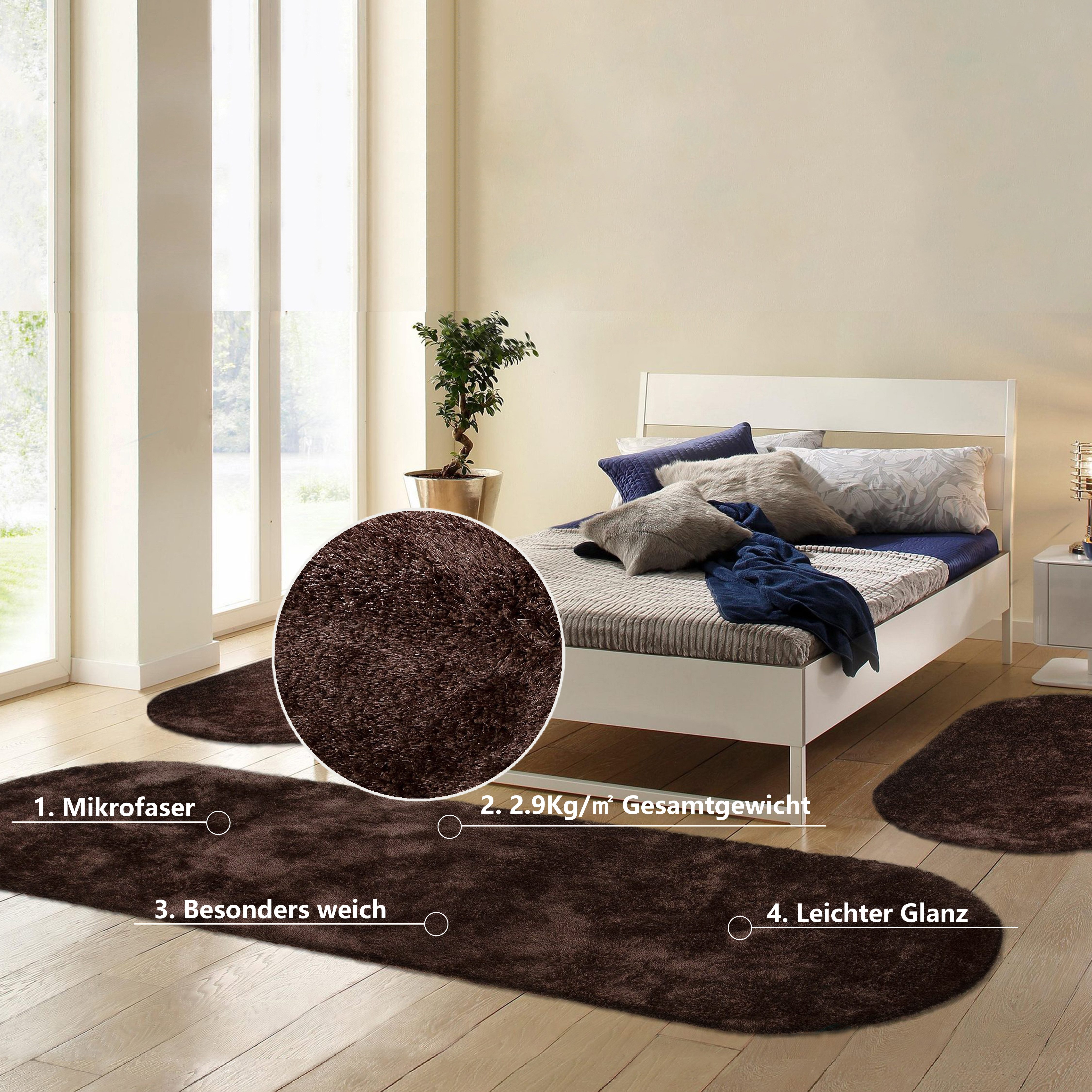 Bruno Banani Hochflor-Bettumrandung Dana Teppich, Kundenliebling, Höhe 30 mm, (3-tlg), unifarben, Mikrofaser, pflegeleicht, Bettvorleger, Schlafzimmer