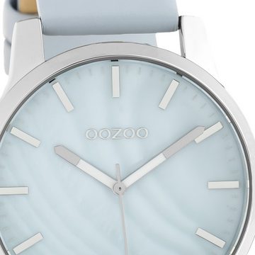 OOZOO Quarzuhr Oozoo Damen Armbanduhr Timepieces Analog, Damenuhr rund, groß (ca. 42mm) Lederarmband hellblau
