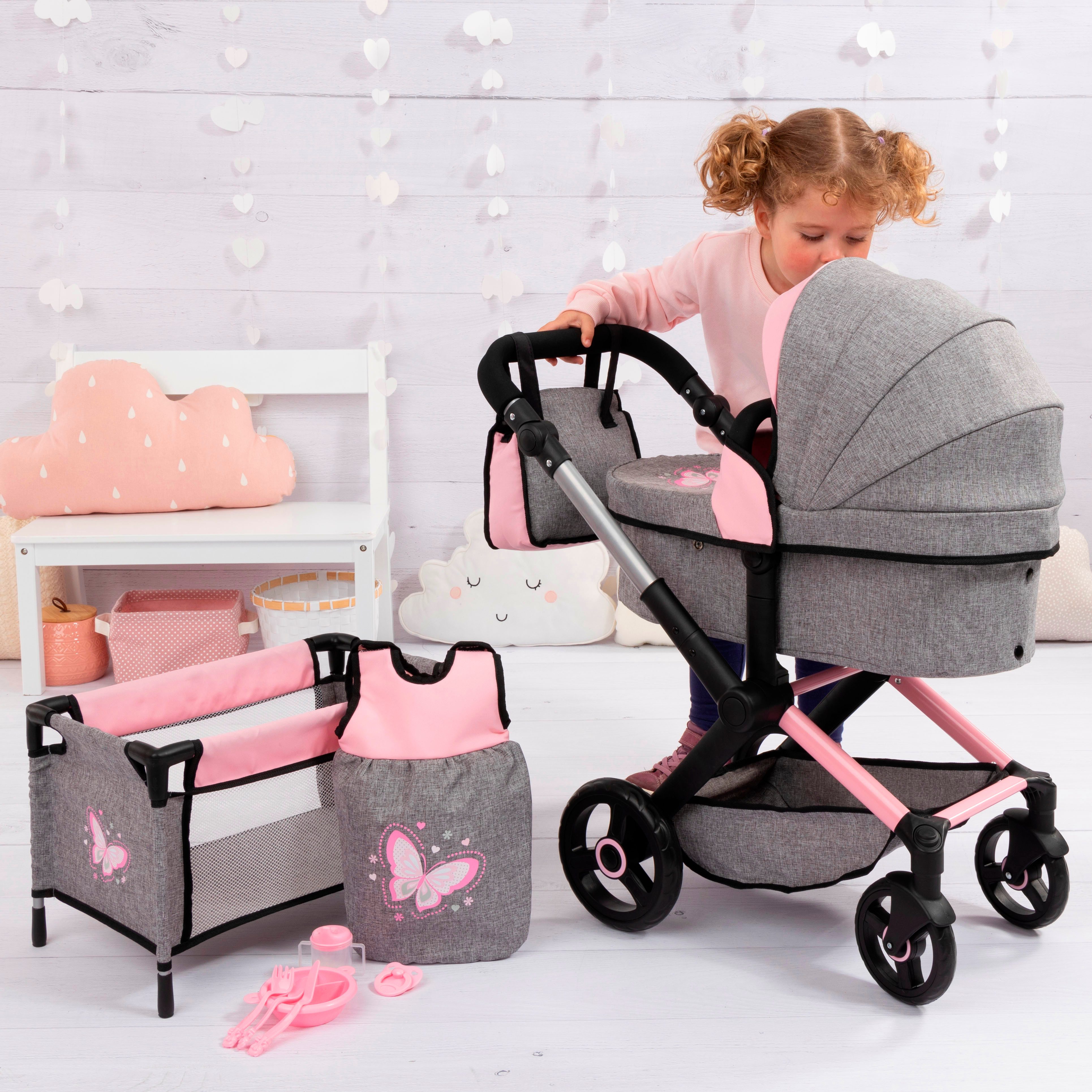 Bayer Kombi-Puppenwagen Xeo Mega, grau/rosa, (Set)