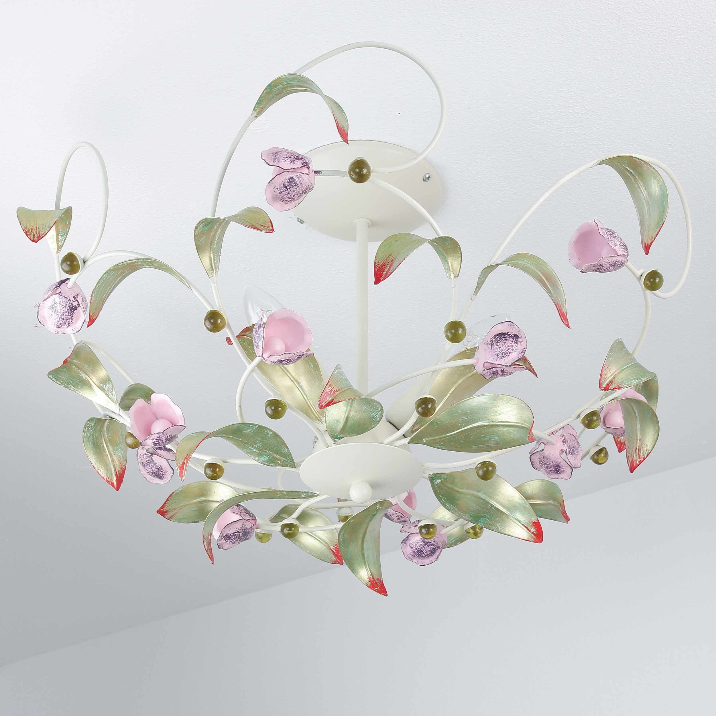 Licht-Erlebnisse Deckenleuchte ROSE, ohne Leuchtmittel, Deckenlampe Weiß Rosa Metall Glas Floral Küche Esszimmer Lampe