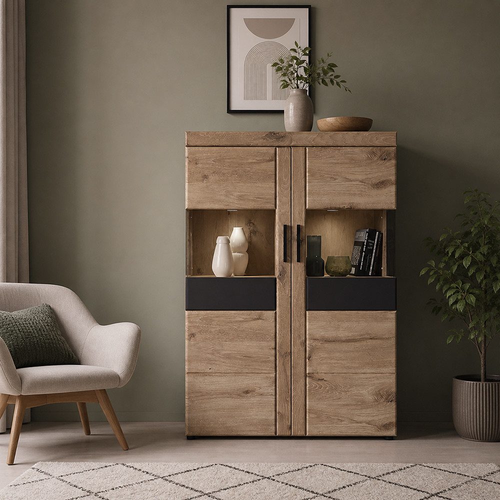 Lomadox Highboard GRAHAM-129, Eiche Dekor mit Grau 101,9 cm Türen mit Softclose inkl. Beleuchtung