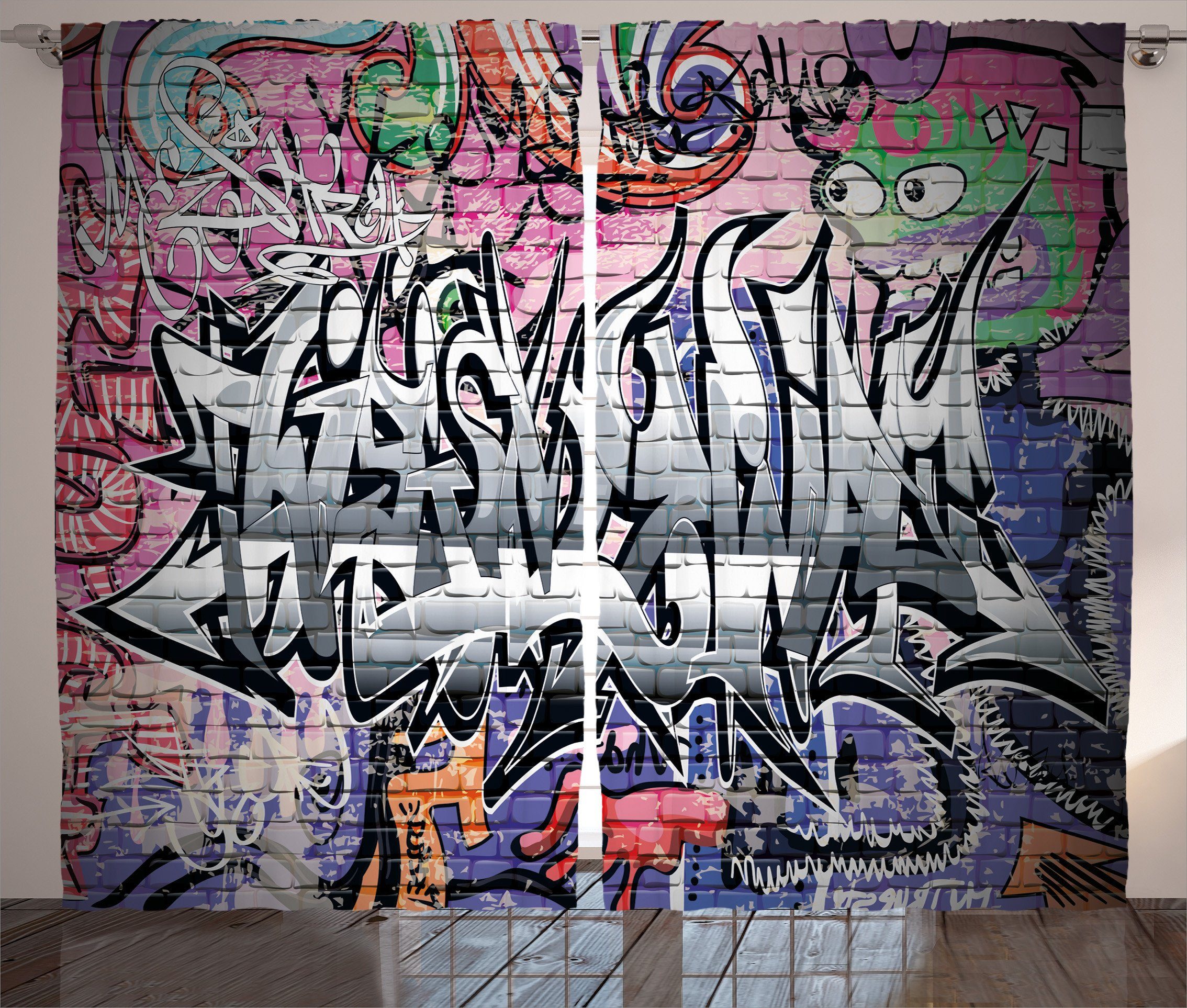Vorhang Abakuhaus, Graffiti Schlaufen Kräuselband Grunge Wall Haken, Schlafzimmer Gardine Art Städtisch und mit