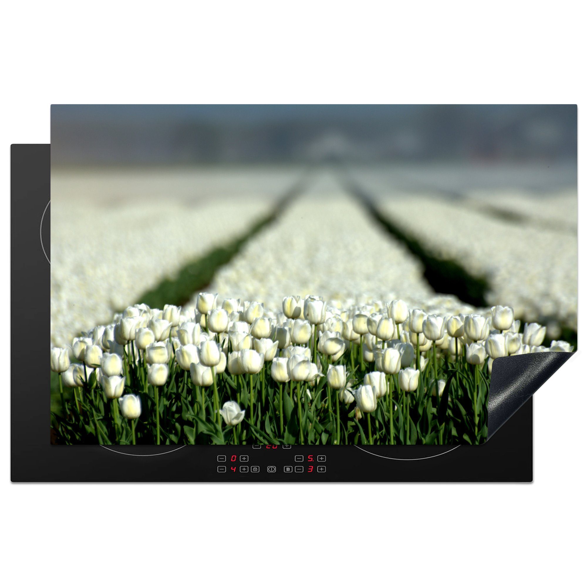 eines weißer Induktionskochfeld voller cm, küche, Nahaufnahme Vinyl, tlg), die 81x52 Schutz Tulpen, für Ceranfeldabdeckung Herdblende-/Abdeckplatte Feldes (1 MuchoWow