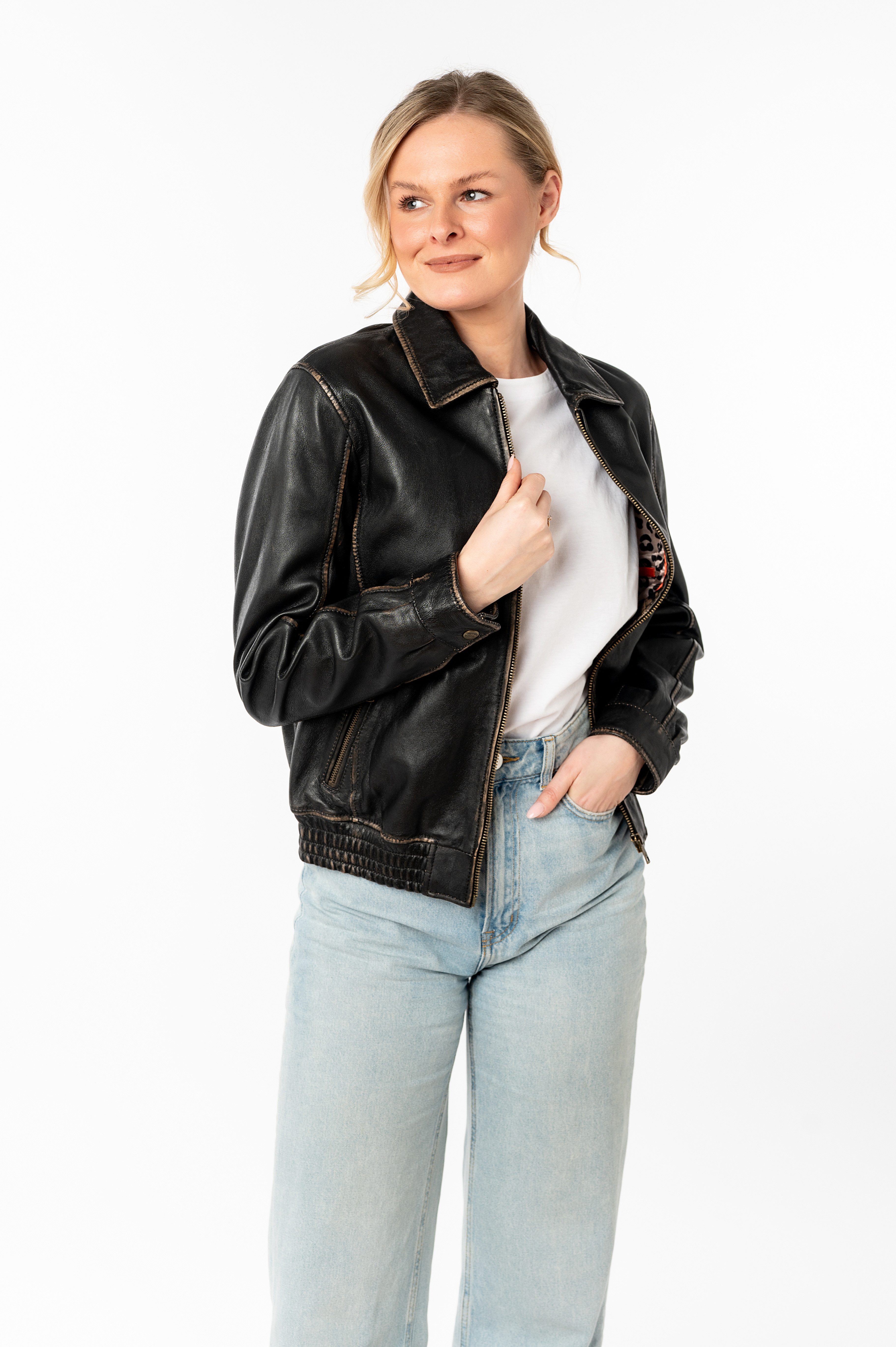 Mauritius Lederjacke MWBjanka mit elastischem Bund, Leo-Innenfutter