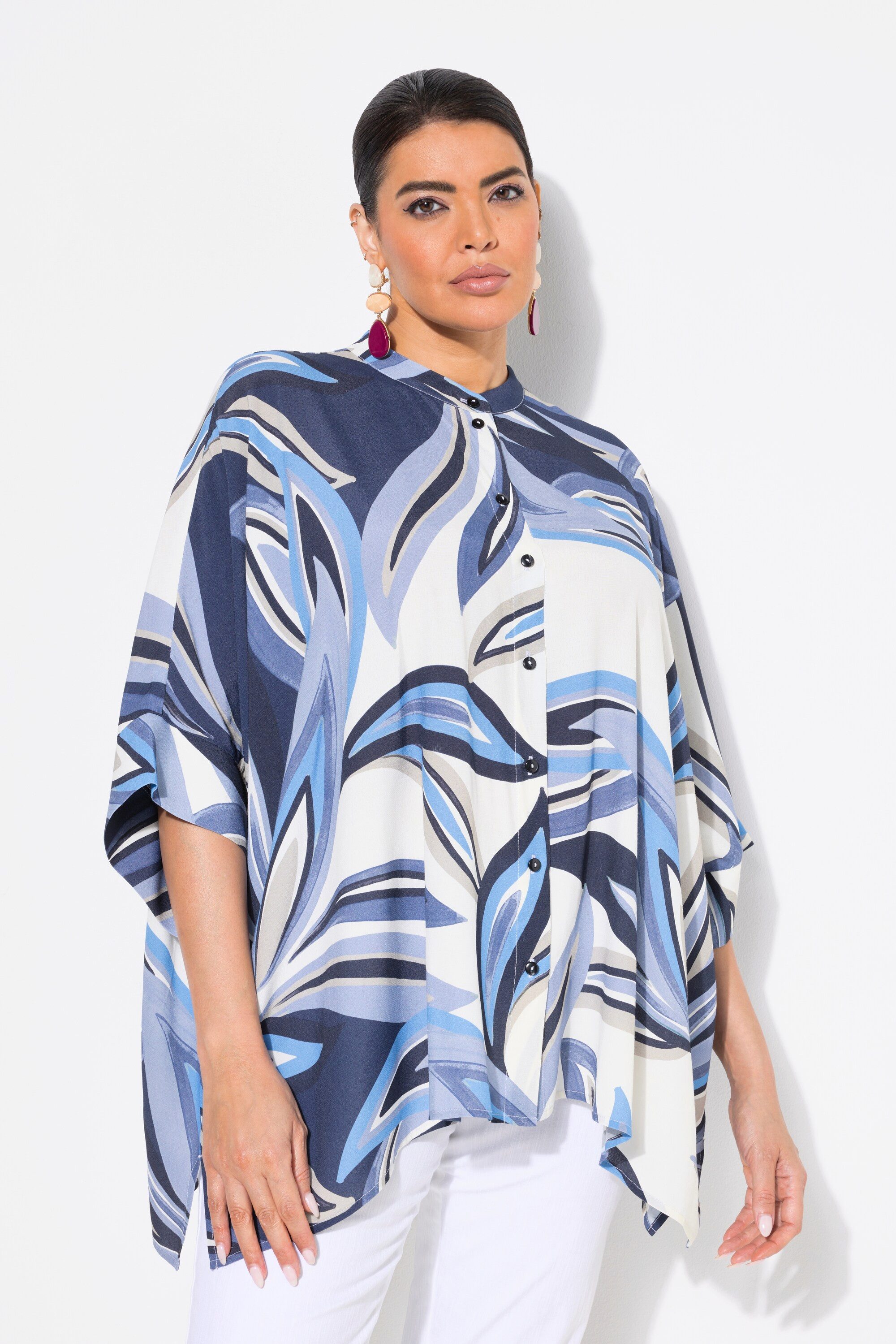 Ulla Popken Hemdbluse Bluse Blätter Oversized Stehkragen Halbarm günstig online kaufen