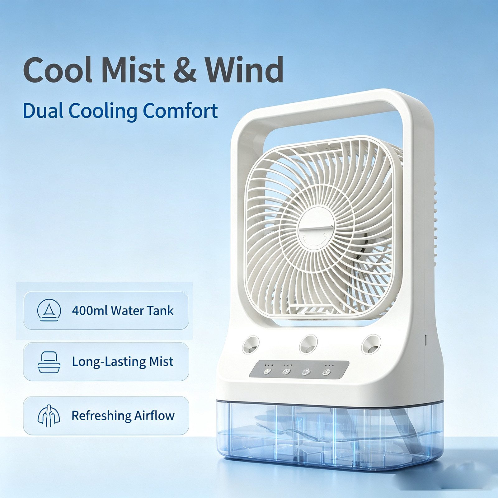 MOPUEA Ventilatorkombigerät 4-in-1 Mini Klimagerät mit Sprühnebel mit 900ml Tank & 7 Farben Licht, 3 Windstufen, 3 Sprühmodi, 7 Farben, Timer