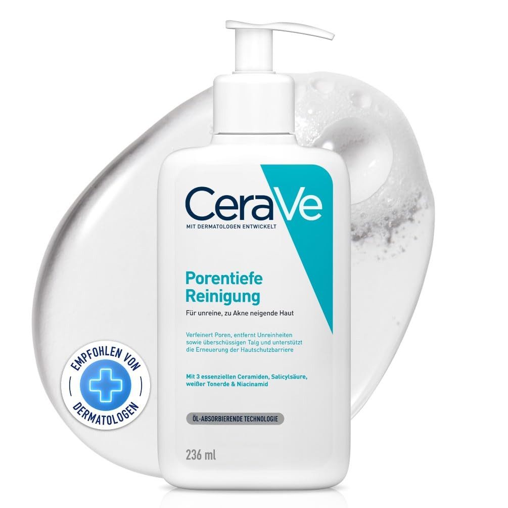 Cerave Gesichtspflege porentiefe Reinigung Gel 236 ml, gegen unreiner, zu Akne neigender Haut