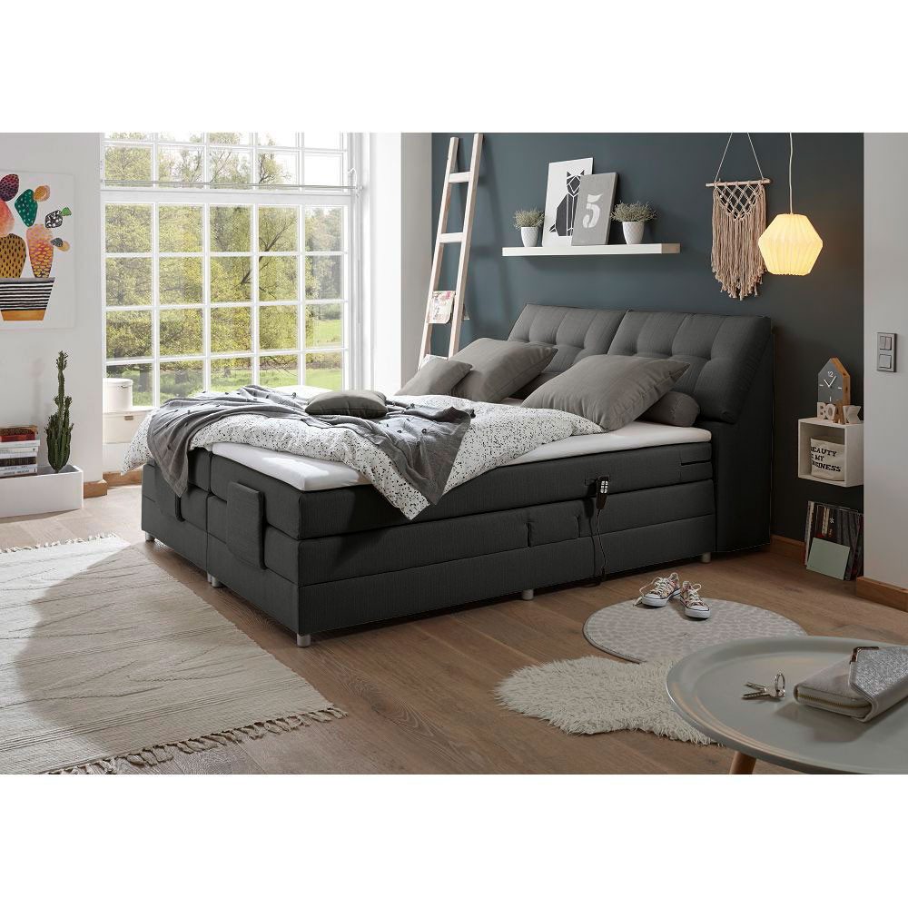 Lomadox Boxspringbett CONCORD3M-09, 180x200cm, H2, elektrisch verstellbar, in anthrazit, mit VISCO-Topper