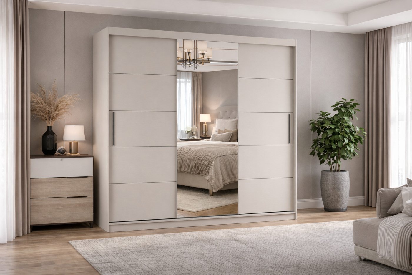 MOEBLO Schiebetürenschrank ELBA I Kaschmir mit Spiegel (Kleiderschrank - großer Spiegel, dekorative Aluminiumleisten, Kleiderstange & Einlegeböden, platzsparende Schiebetüren für Schlafzimmer, Flur oder Ankleidezimmer) (BxHxT):250x218x61 cm