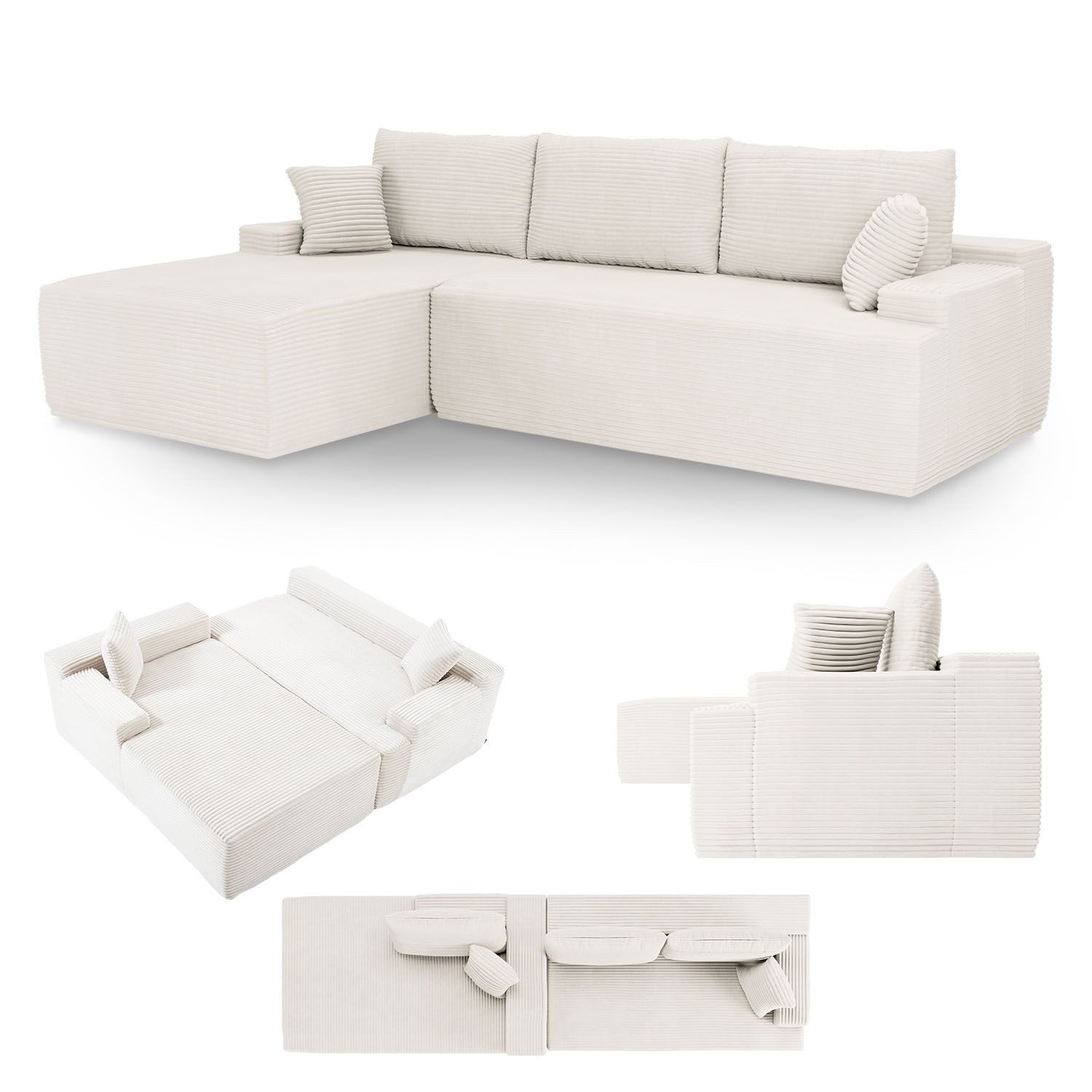 Juskys Ecksofa Coredo, Ecksofa, mit Rücken- & Dekokissen, Cordbezug, Modular platzierbar