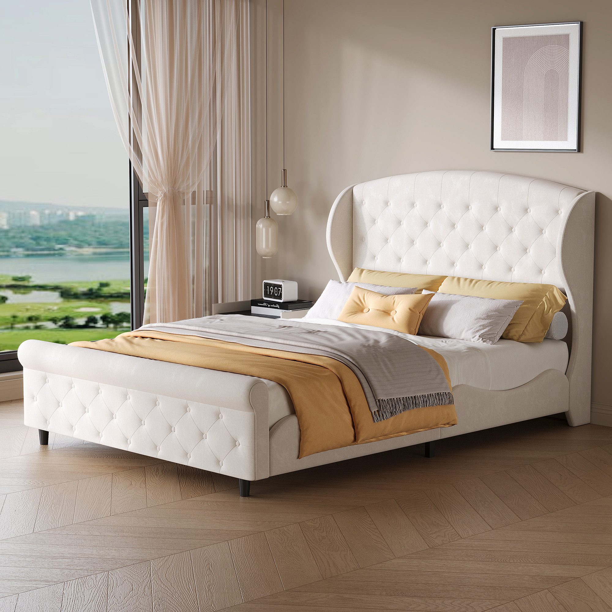 ADWOLT Polsterbett 140x200 Bettgestell mit Lattenrost, Doppelbett mit gepolstertem Kopfteil, Knopfdekoration,Beige