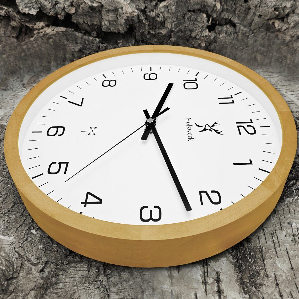 Holzwerk Funkwanduhr Designer Loft Funk Holz Wand Uhr, braun, beige, weiß (Nahezu lautloses Uhrwerk, analog, 30 cm)