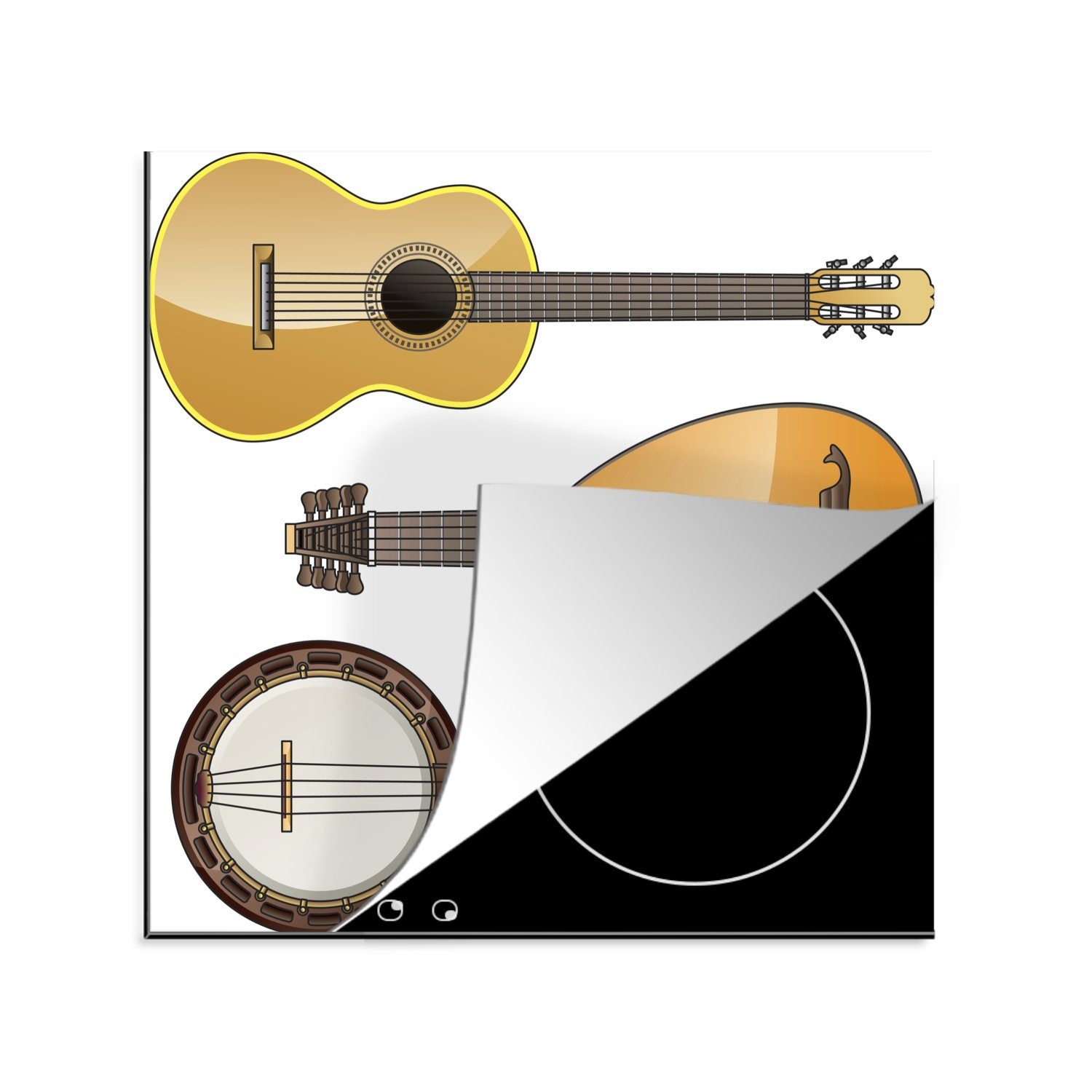 MuchoWow Herdblende-/Abdeckplatte Illustrationen eines Banjos und anderer Instrumente, Vinyl, (1 tlg), 78x78 cm, Ceranfeldabdeckung, Arbeitsplatte für küche