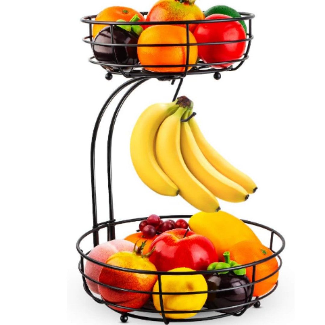 Kityhome Obstschale Zweietagiger Obst- und Gemüsekorb mit Bananenhalter, Schwarz, Zweistöckiges Design