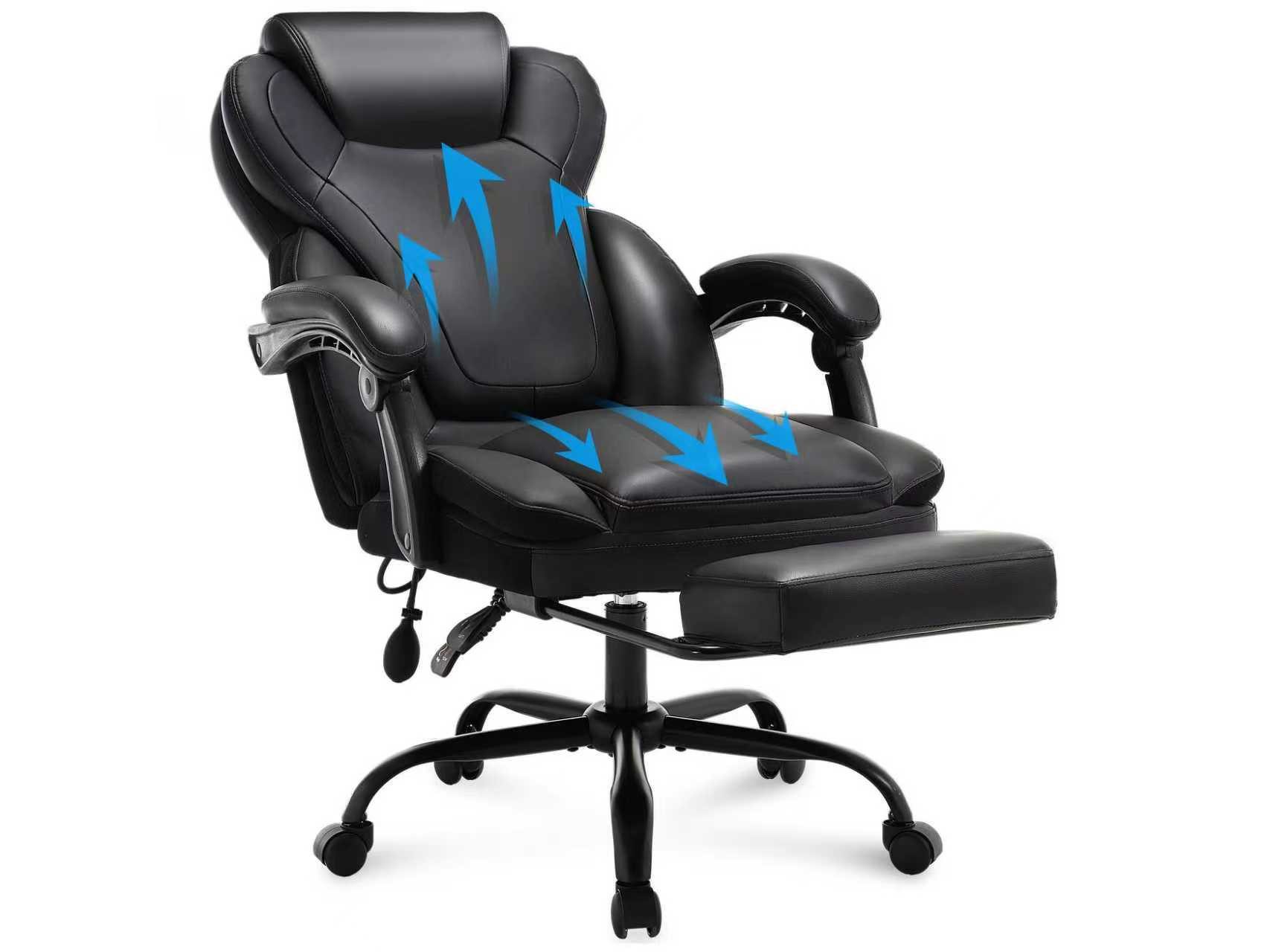SeedWave Bürostuhl Höhenverstellbarer Drehstuhl PU-Leder mit Aufblasbarer Lordosenstütze, 135° verstellbare Rückenlehne, Chefsessel mit Kopf- & Fußstütze