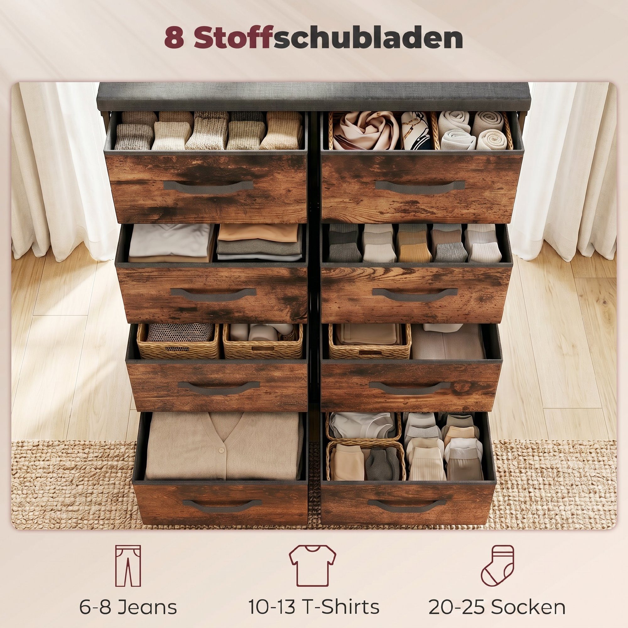 HOMCOM Kommode Schrank Aufbewahrungsschrank mit 8 Schubladen (Set, 1 St., 1), 8 breite Schubladen, Metallrahmen, Kippschutz – Bild 4 von 5